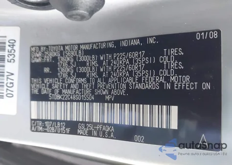 2008 Toyota Sienna Limited z USA, uszkodzony, nr VIN 5TDBK22C48S015504